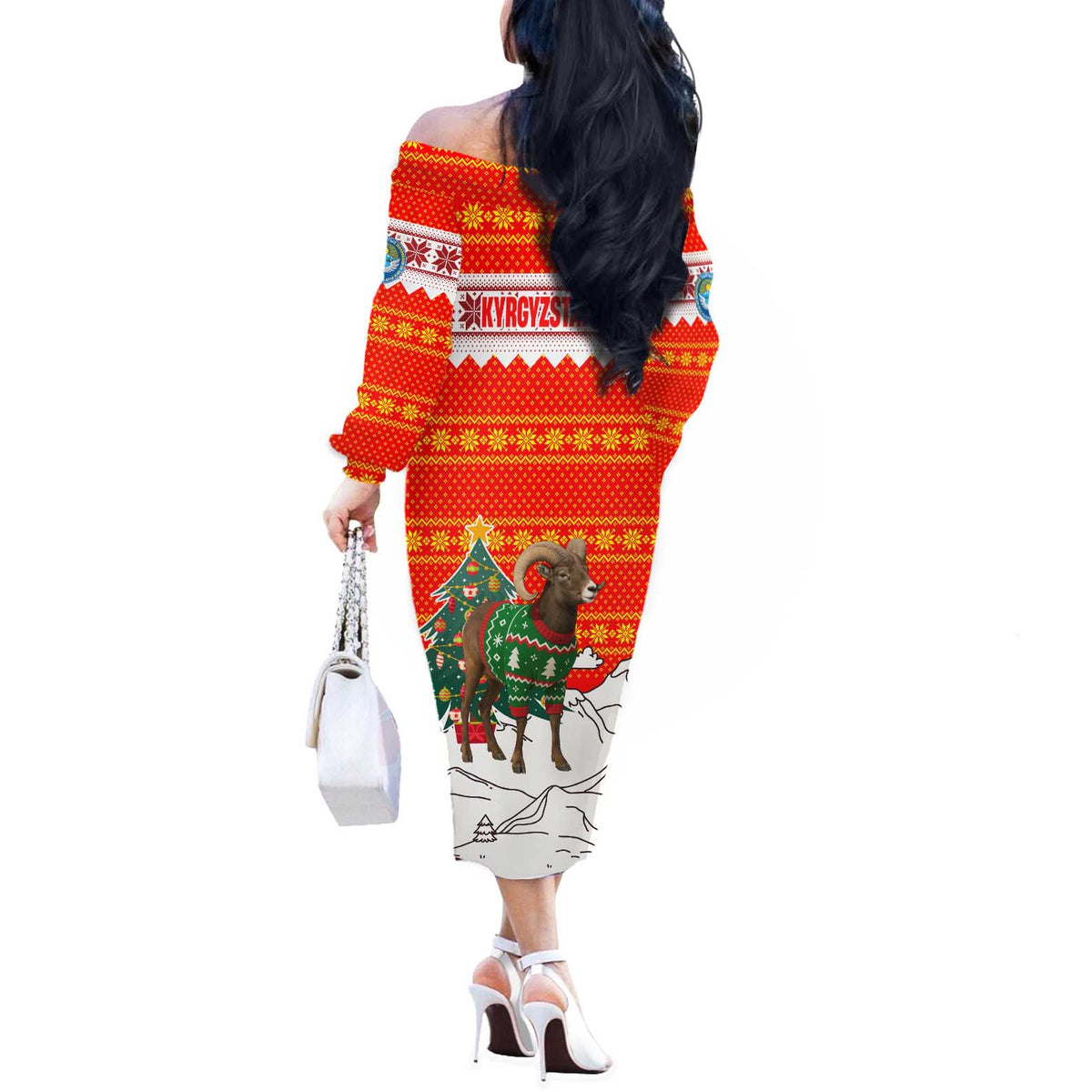 Kyrgyzstan Christmas Off The Shoulder Long Sleeve Dress with Mountain Goat in Festive Red Snowflake Pattern and Holiday Tree - Wonder Print Shop
