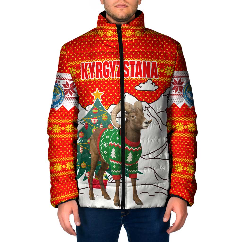 Kyrgyzstan Christmas Padded Jacket with Mountain Goat in Festive Red Snowflake Pattern and Holiday Tree - Wonder Print Shop