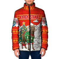 Kyrgyzstan Christmas Padded Jacket with Mountain Goat in Festive Red Snowflake Pattern and Holiday Tree - Wonder Print Shop