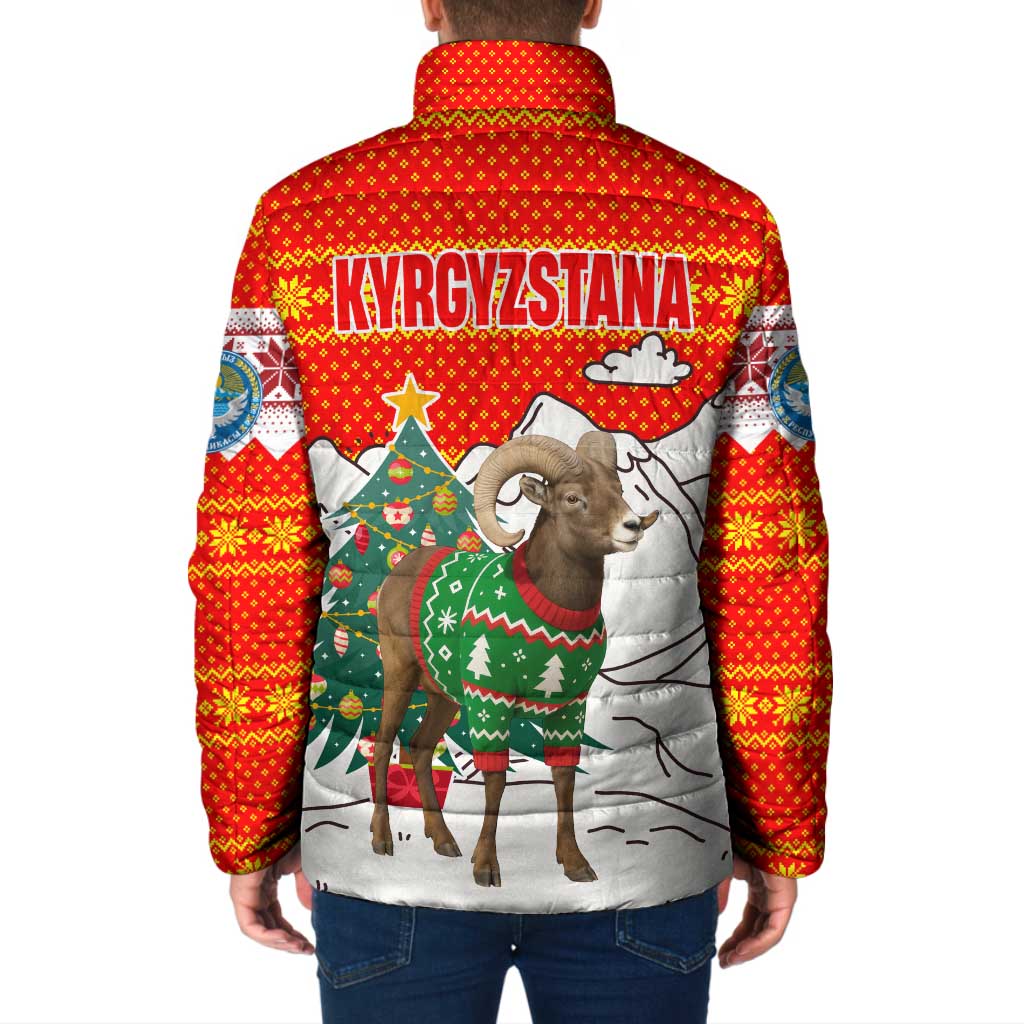 Kyrgyzstan Christmas Padded Jacket with Mountain Goat in Festive Red Snowflake Pattern and Holiday Tree - Wonder Print Shop