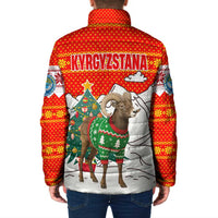 Kyrgyzstan Christmas Padded Jacket with Mountain Goat in Festive Red Snowflake Pattern and Holiday Tree - Wonder Print Shop