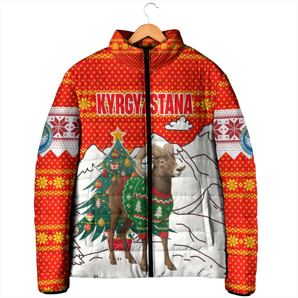 Kyrgyzstan Christmas Padded Jacket with Mountain Goat in Festive Red Snowflake Pattern and Holiday Tree - Wonder Print Shop