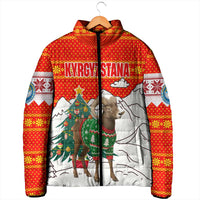 Kyrgyzstan Christmas Padded Jacket with Mountain Goat in Festive Red Snowflake Pattern and Holiday Tree - Wonder Print Shop