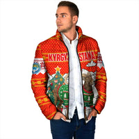 Kyrgyzstan Christmas Padded Jacket with Mountain Goat in Festive Red Snowflake Pattern and Holiday Tree - Wonder Print Shop