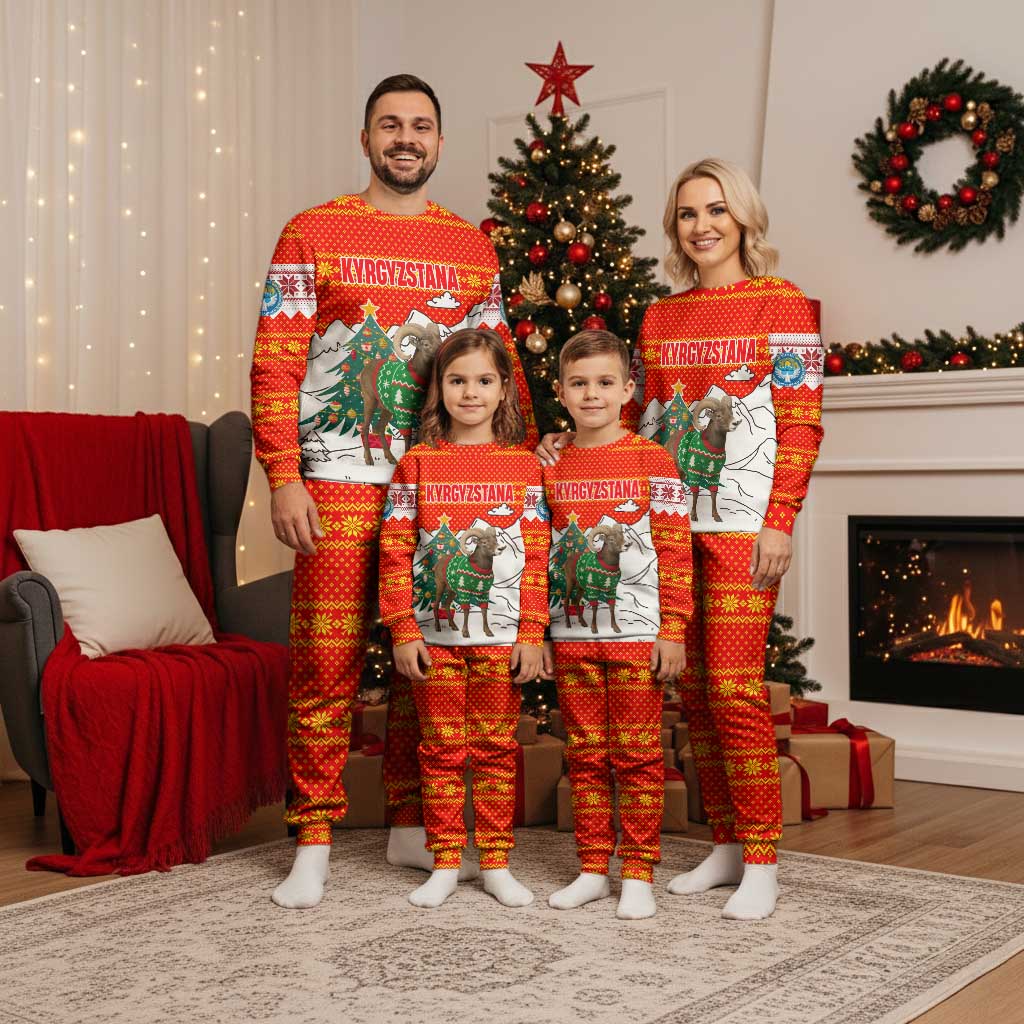 Kyrgyzstan Christmas Pajama Set with Mountain Goat in Festive Red Snowflake Pattern and Holiday Tree - Wonder Print Shop