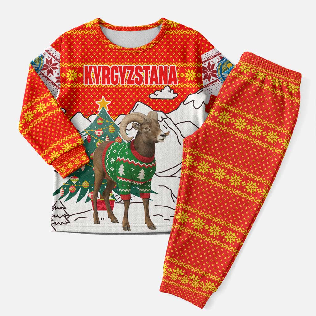 Kyrgyzstan Christmas Pajama Set with Mountain Goat in Festive Red Snowflake Pattern and Holiday Tree - Wonder Print Shop