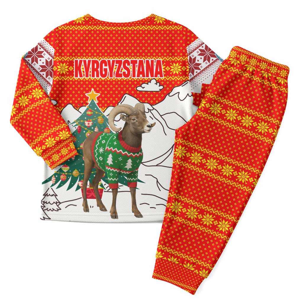Kyrgyzstan Christmas Pajama Set with Mountain Goat in Festive Red Snowflake Pattern and Holiday Tree - Wonder Print Shop