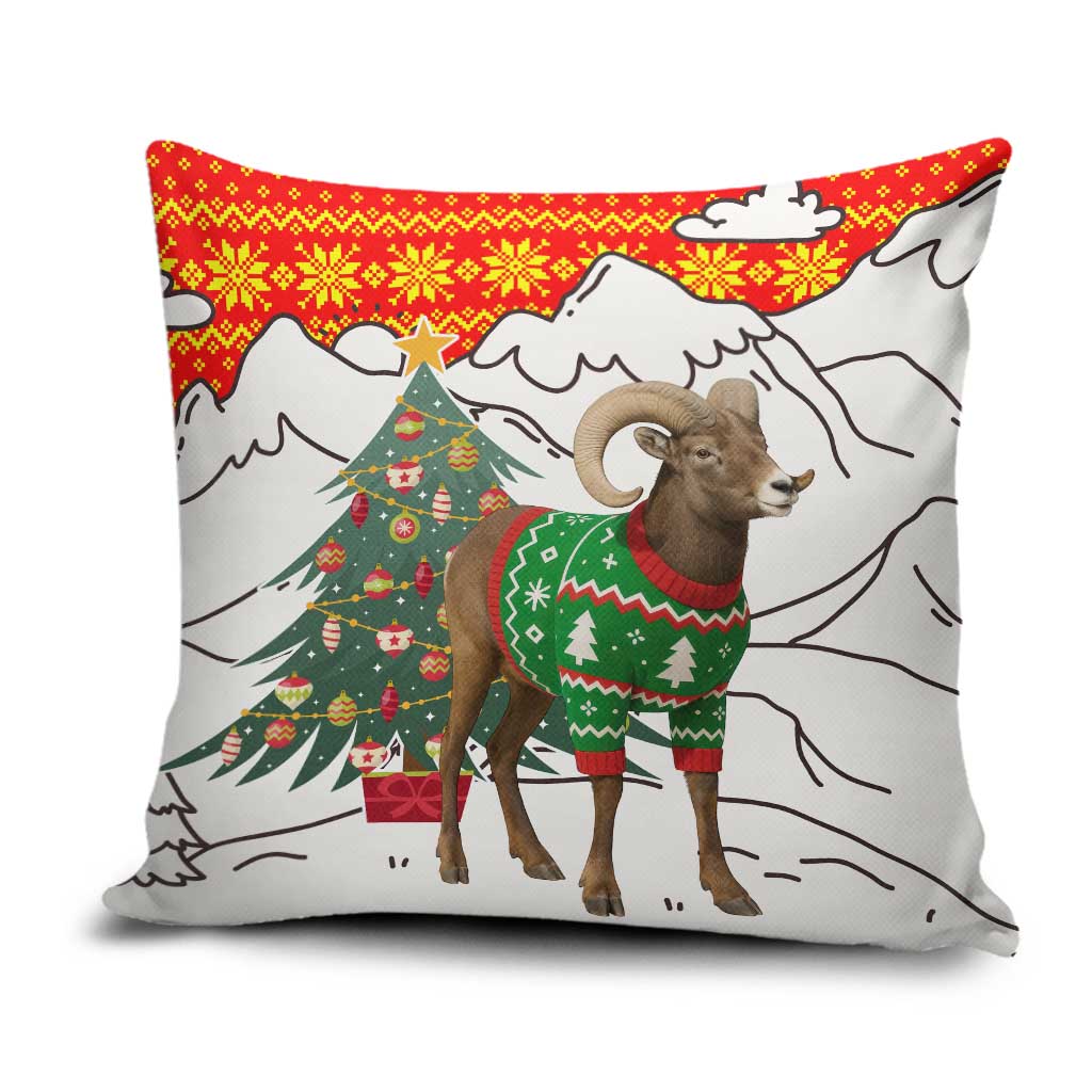 Kyrgyzstan Christmas Pillow Cover with Mountain Goat in Festive Red Snowflake Pattern and Holiday Tree - Wonder Print Shop