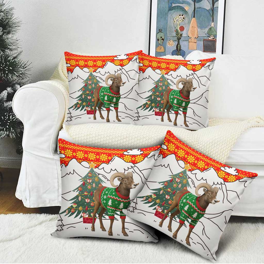 Kyrgyzstan Christmas Pillow Cover with Mountain Goat in Festive Red Snowflake Pattern and Holiday Tree - Wonder Print Shop