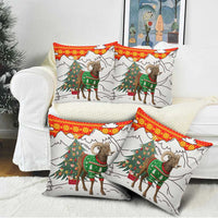 Kyrgyzstan Christmas Pillow Cover with Mountain Goat in Festive Red Snowflake Pattern and Holiday Tree - Wonder Print Shop