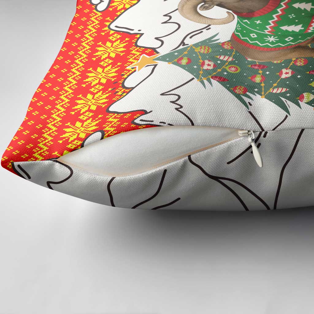 Kyrgyzstan Christmas Pillow Cover with Mountain Goat in Festive Red Snowflake Pattern and Holiday Tree - Wonder Print Shop