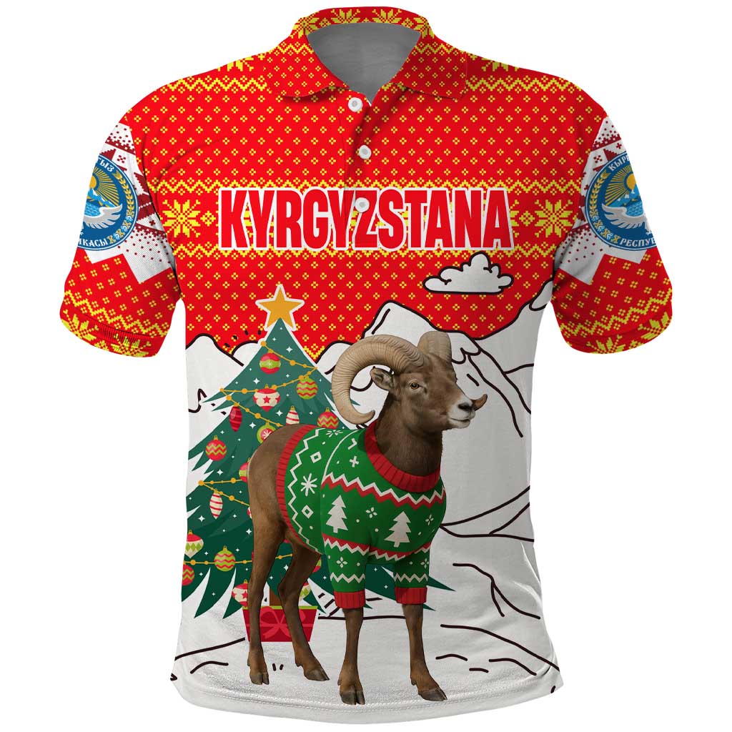 Kyrgyzstan Christmas Polo Shirt with Mountain Goat in Festive Red Snowflake Pattern and Holiday Tree - Wonder Print Shop