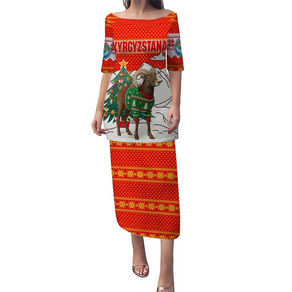 Kyrgyzstan Christmas Puletasi with Mountain Goat in Festive Red Snowflake Pattern and Holiday Tree - Wonder Print Shop