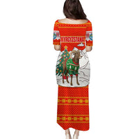 Kyrgyzstan Christmas Puletasi with Mountain Goat in Festive Red Snowflake Pattern and Holiday Tree - Wonder Print Shop