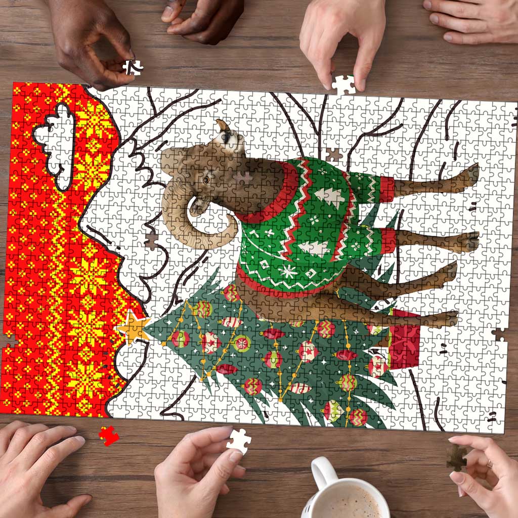 Kyrgyzstan Christmas Puzzle with Mountain Goat in Festive Red Snowflake Pattern and Holiday Tree - Wonder Print Shop