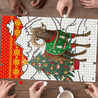 Kyrgyzstan Christmas Puzzle with Mountain Goat in Festive Red Snowflake Pattern and Holiday Tree - Wonder Print Shop