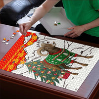Kyrgyzstan Christmas Puzzle with Mountain Goat in Festive Red Snowflake Pattern and Holiday Tree - Wonder Print Shop