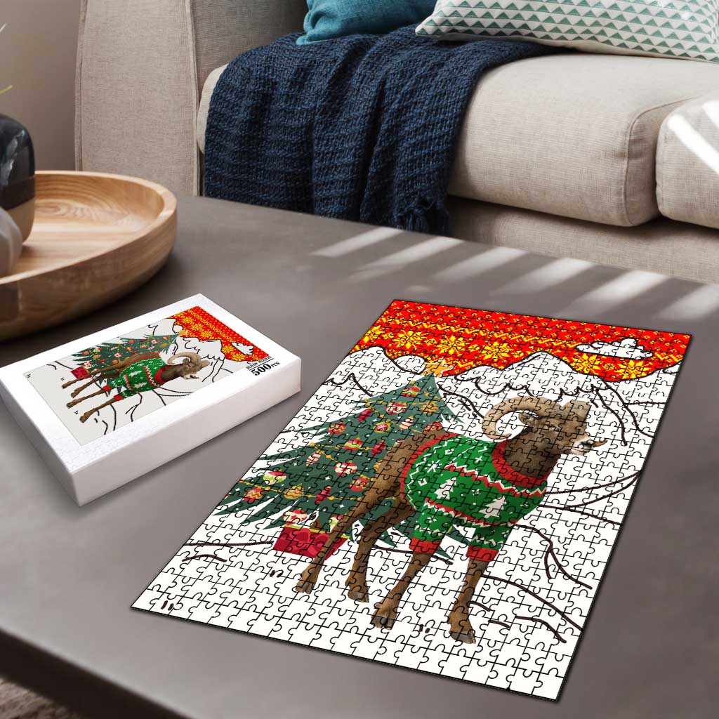 Kyrgyzstan Christmas Puzzle with Mountain Goat in Festive Red Snowflake Pattern and Holiday Tree - Wonder Print Shop