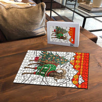Kyrgyzstan Christmas Puzzle with Mountain Goat in Festive Red Snowflake Pattern and Holiday Tree - Wonder Print Shop