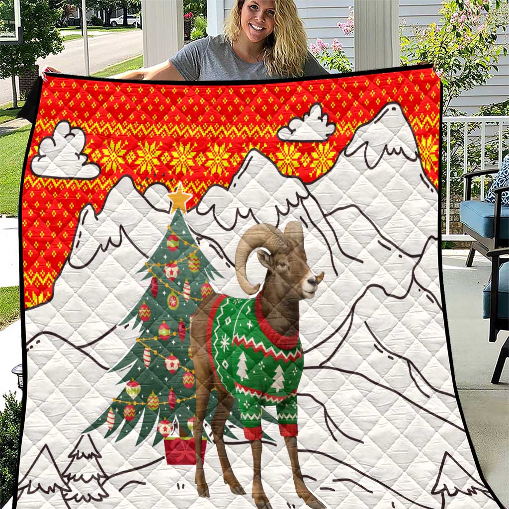 Kyrgyzstan Christmas Quilt with Mountain Goat in Festive Red Snowflake Pattern and Holiday Tree - Wonder Print Shop