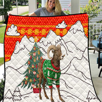 Kyrgyzstan Christmas Quilt with Mountain Goat in Festive Red Snowflake Pattern and Holiday Tree - Wonder Print Shop