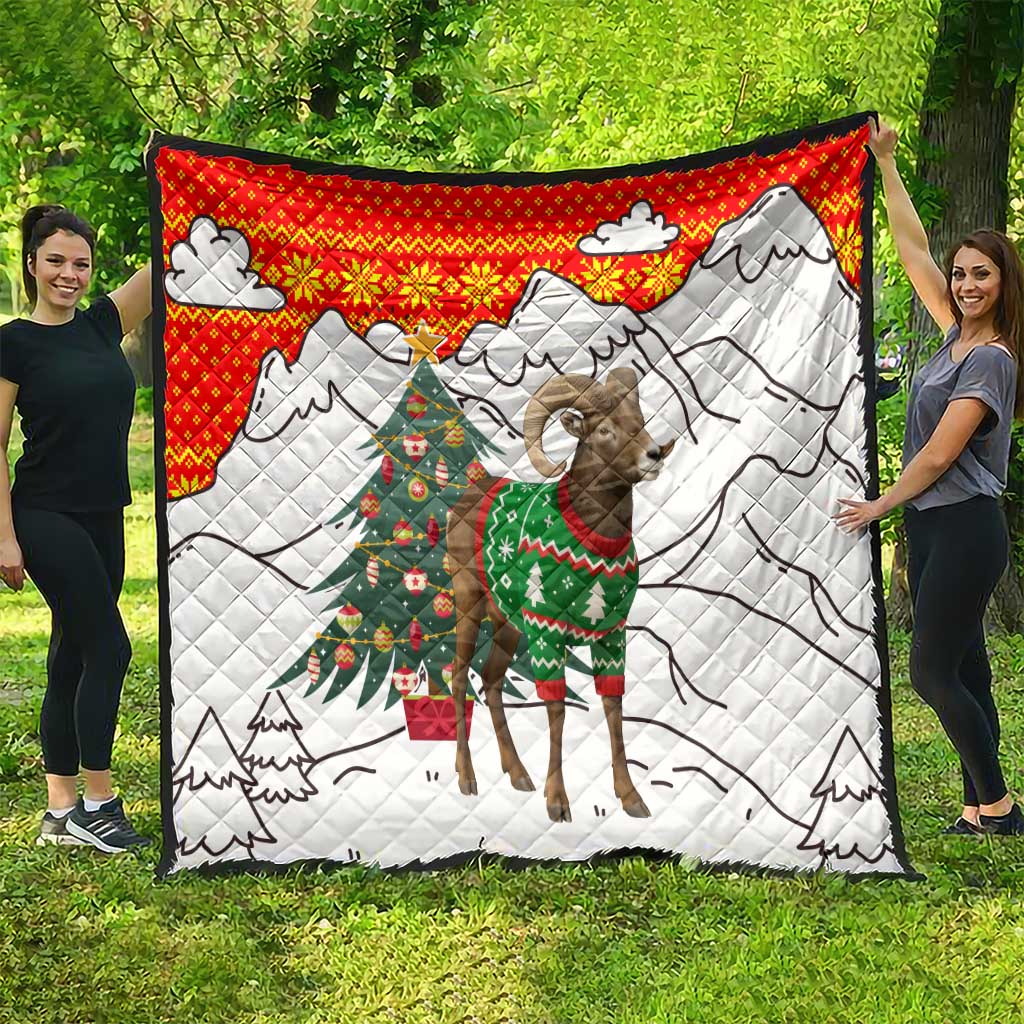 Kyrgyzstan Christmas Quilt with Mountain Goat in Festive Red Snowflake Pattern and Holiday Tree - Wonder Print Shop