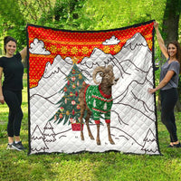 Kyrgyzstan Christmas Quilt with Mountain Goat in Festive Red Snowflake Pattern and Holiday Tree - Wonder Print Shop