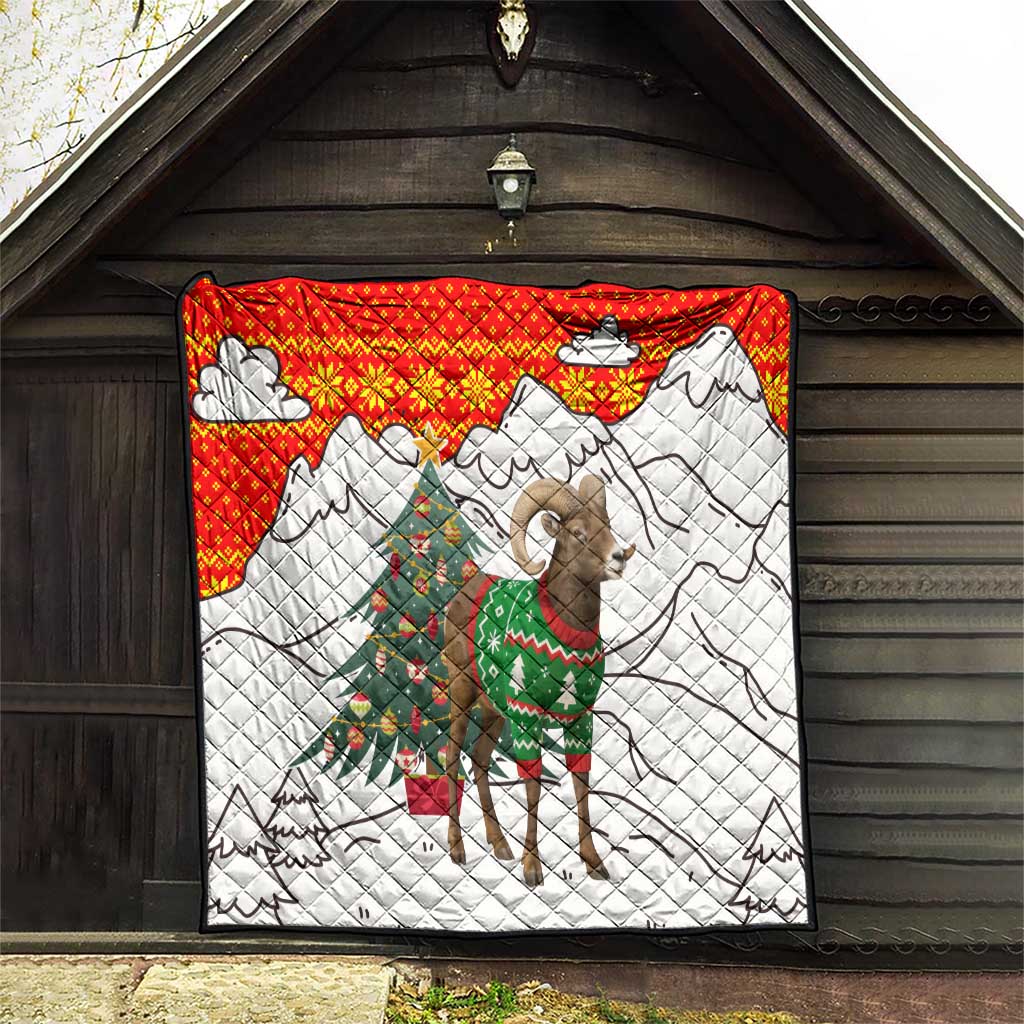 Kyrgyzstan Christmas Quilt with Mountain Goat in Festive Red Snowflake Pattern and Holiday Tree - Wonder Print Shop