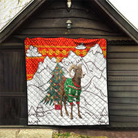 Kyrgyzstan Christmas Quilt with Mountain Goat in Festive Red Snowflake Pattern and Holiday Tree - Wonder Print Shop