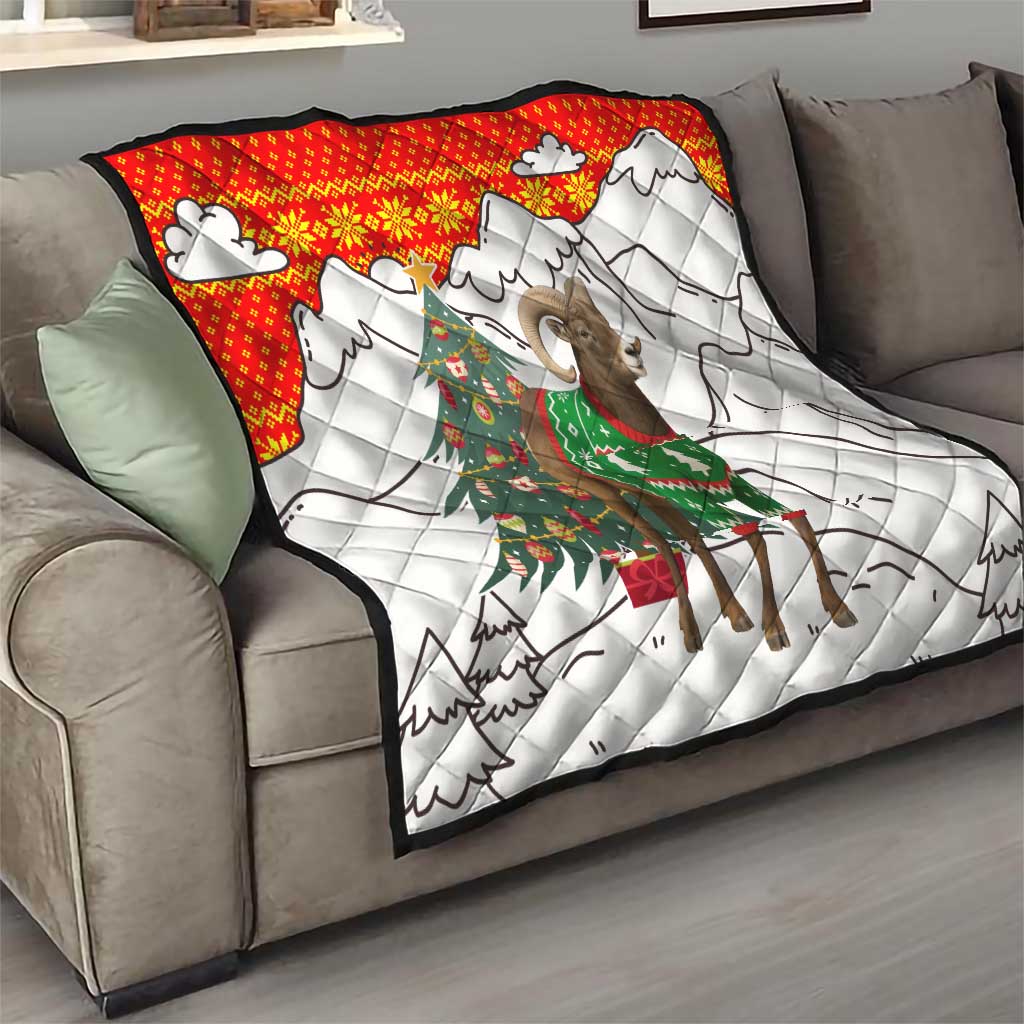 Kyrgyzstan Christmas Quilt with Mountain Goat in Festive Red Snowflake Pattern and Holiday Tree - Wonder Print Shop