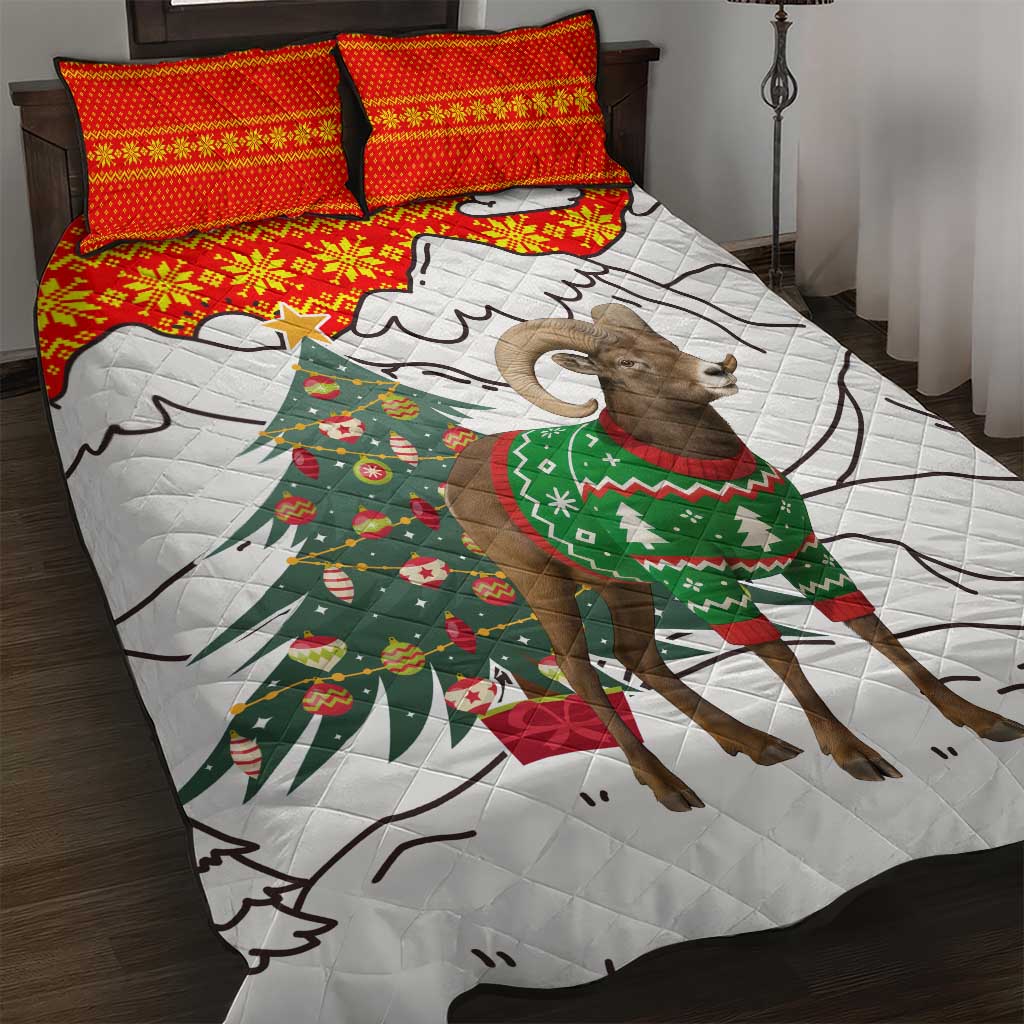 Kyrgyzstan Christmas Quilt Bed Set with Mountain Goat in Festive Red Snowflake Pattern and Holiday Tree - Wonder Print Shop