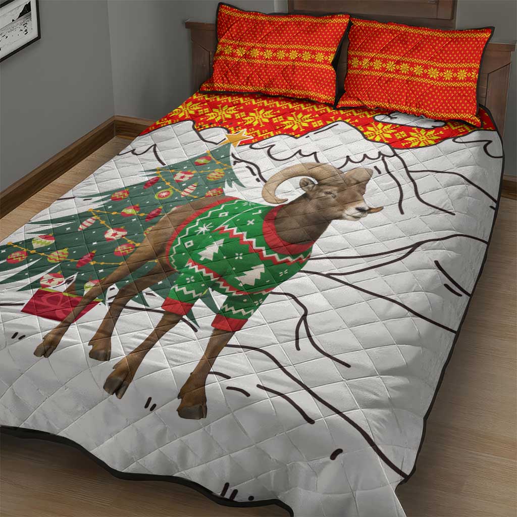 Kyrgyzstan Christmas Quilt Bed Set with Mountain Goat in Festive Red Snowflake Pattern and Holiday Tree - Wonder Print Shop