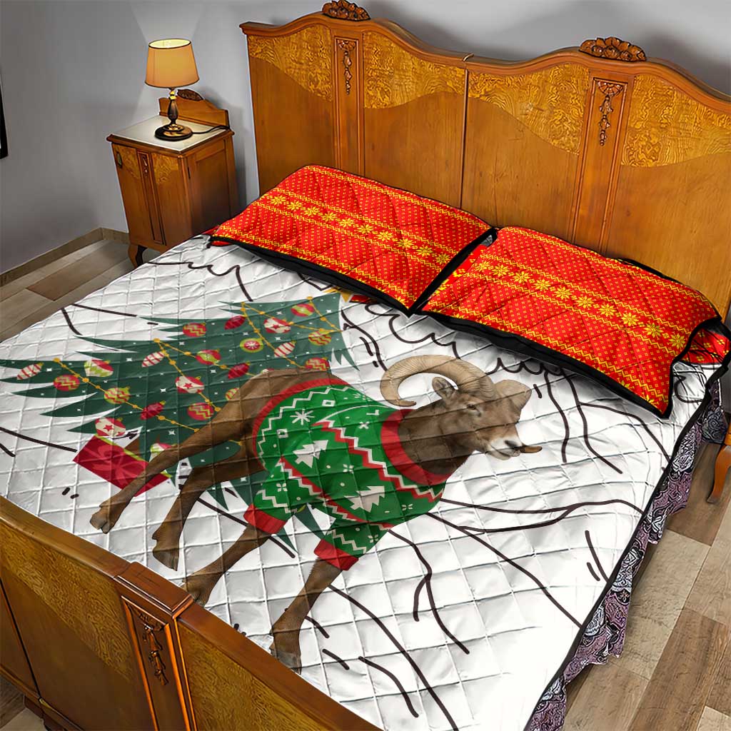 Kyrgyzstan Christmas Quilt Bed Set with Mountain Goat in Festive Red Snowflake Pattern and Holiday Tree - Wonder Print Shop