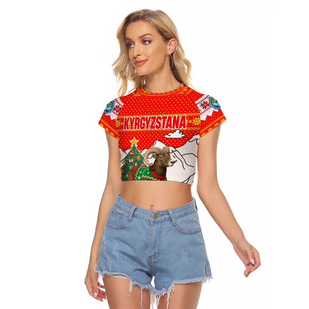 Kyrgyzstan Christmas Raglan Cropped T Shirt with Mountain Goat in Festive Red Snowflake Pattern and Holiday Tree - Wonder Print Shop