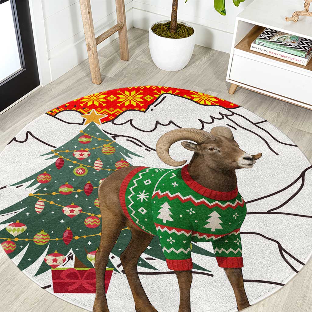 Kyrgyzstan Christmas Round Carpet with Mountain Goat in Festive Red Snowflake Pattern and Holiday Tree - Wonder Print Shop