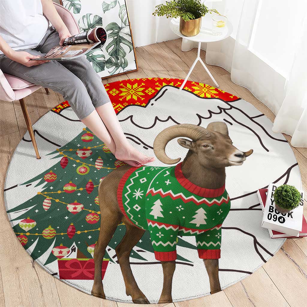 Kyrgyzstan Christmas Round Carpet with Mountain Goat in Festive Red Snowflake Pattern and Holiday Tree - Wonder Print Shop