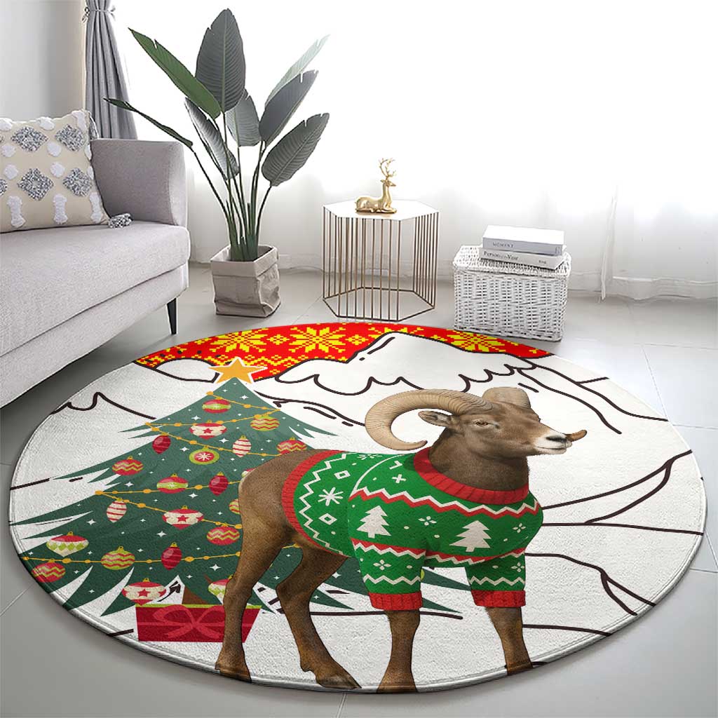 Kyrgyzstan Christmas Round Carpet with Mountain Goat in Festive Red Snowflake Pattern and Holiday Tree - Wonder Print Shop