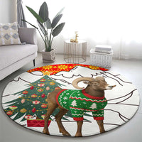 Kyrgyzstan Christmas Round Carpet with Mountain Goat in Festive Red Snowflake Pattern and Holiday Tree - Wonder Print Shop