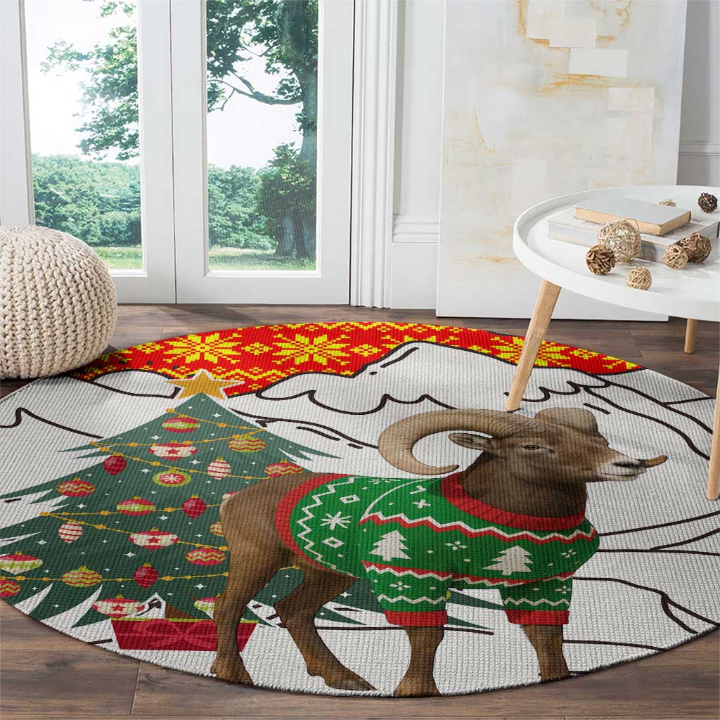 Kyrgyzstan Christmas Round Carpet with Mountain Goat in Festive Red Snowflake Pattern and Holiday Tree - Wonder Print Shop