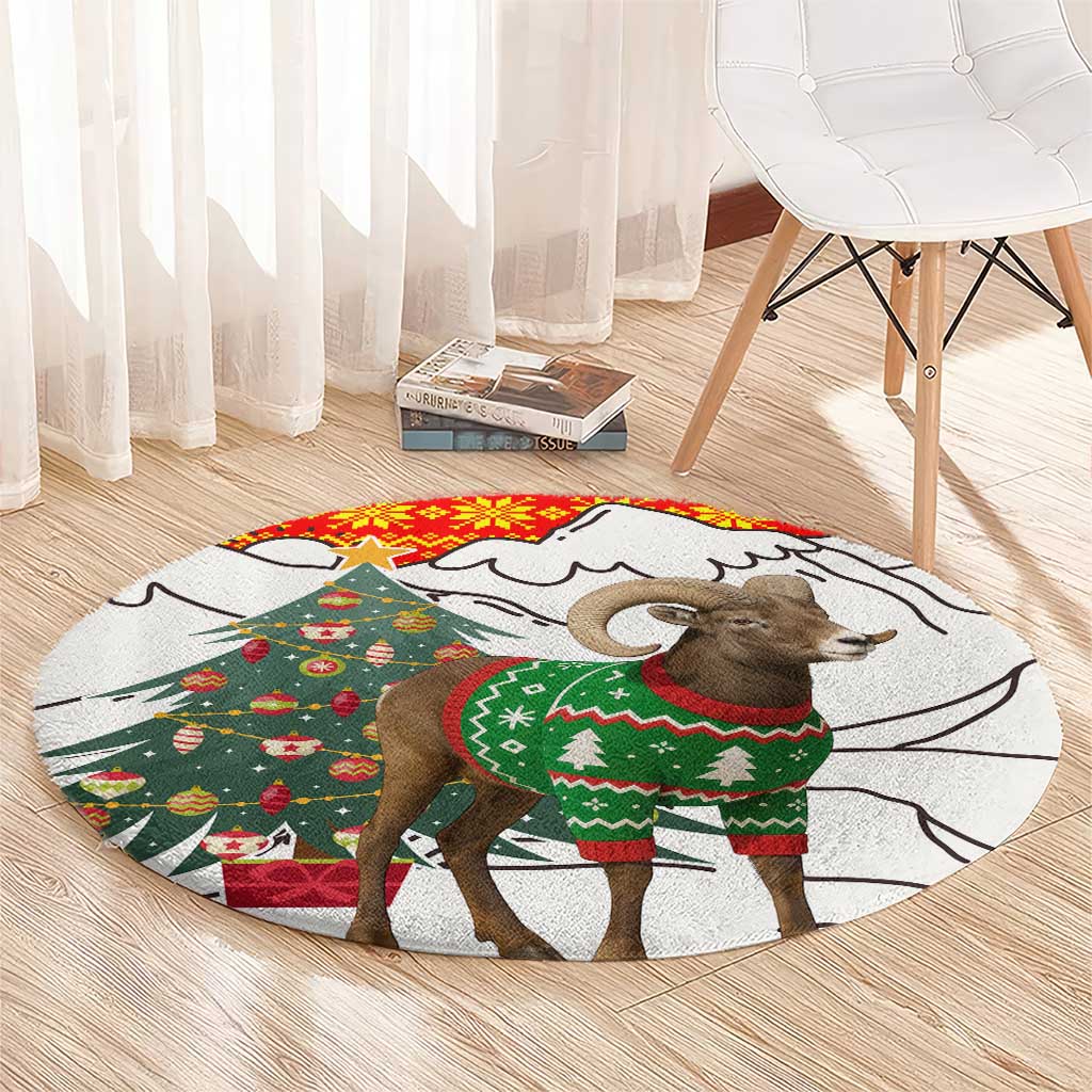 Kyrgyzstan Christmas Round Carpet with Mountain Goat in Festive Red Snowflake Pattern and Holiday Tree - Wonder Print Shop