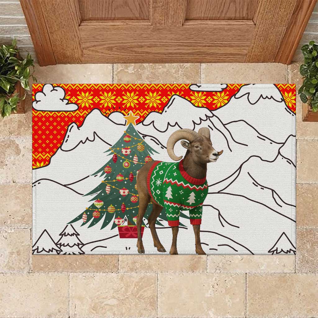 Kyrgyzstan Christmas Rubber Doormat with Mountain Goat in Festive Red Snowflake Pattern and Holiday Tree - Wonder Print Shop