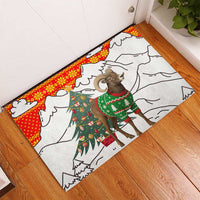 Kyrgyzstan Christmas Rubber Doormat with Mountain Goat in Festive Red Snowflake Pattern and Holiday Tree - Wonder Print Shop