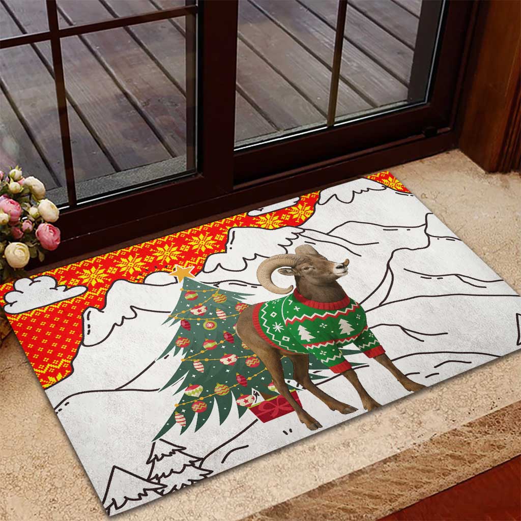 Kyrgyzstan Christmas Rubber Doormat with Mountain Goat in Festive Red Snowflake Pattern and Holiday Tree - Wonder Print Shop