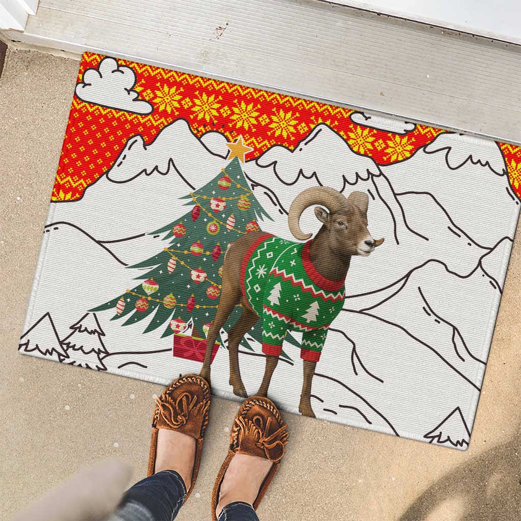 Kyrgyzstan Christmas Rubber Doormat with Mountain Goat in Festive Red Snowflake Pattern and Holiday Tree - Wonder Print Shop