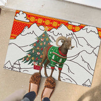 Kyrgyzstan Christmas Rubber Doormat with Mountain Goat in Festive Red Snowflake Pattern and Holiday Tree - Wonder Print Shop