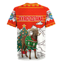 Kyrgyzstan Christmas Rugby Jersey with Mountain Goat in Festive Red Snowflake Pattern and Holiday Tree - Wonder Print Shop