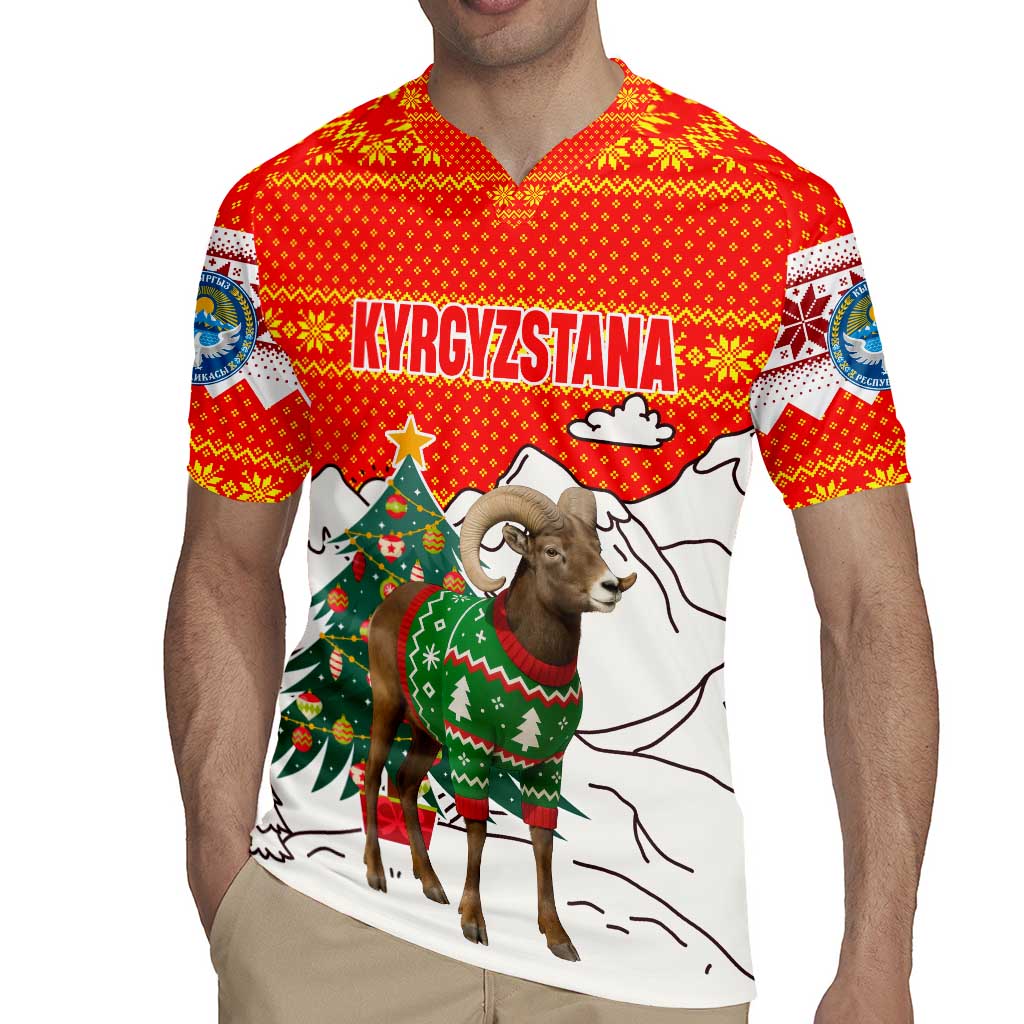 Kyrgyzstan Christmas Rugby Jersey with Mountain Goat in Festive Red Snowflake Pattern and Holiday Tree - Wonder Print Shop