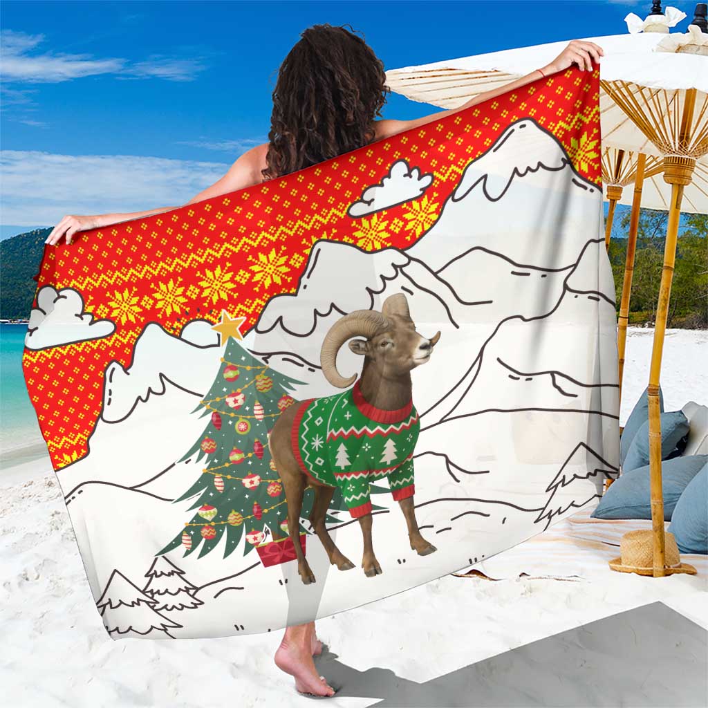 Kyrgyzstan Christmas Sarong with Mountain Goat in Festive Red Snowflake Pattern and Holiday Tree - Wonder Print Shop