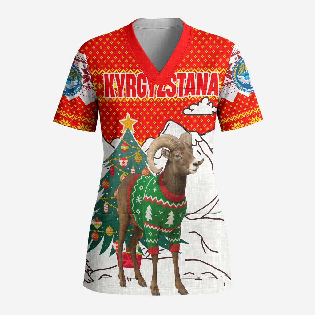 Kyrgyzstan Christmas Scrub Top with Mountain Goat in Festive Red Snowflake Pattern and Holiday Tree - Wonder Print Shop