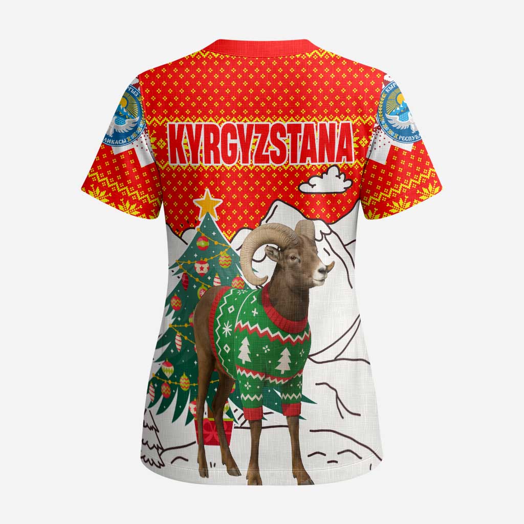 Kyrgyzstan Christmas Scrub Top with Mountain Goat in Festive Red Snowflake Pattern and Holiday Tree - Wonder Print Shop